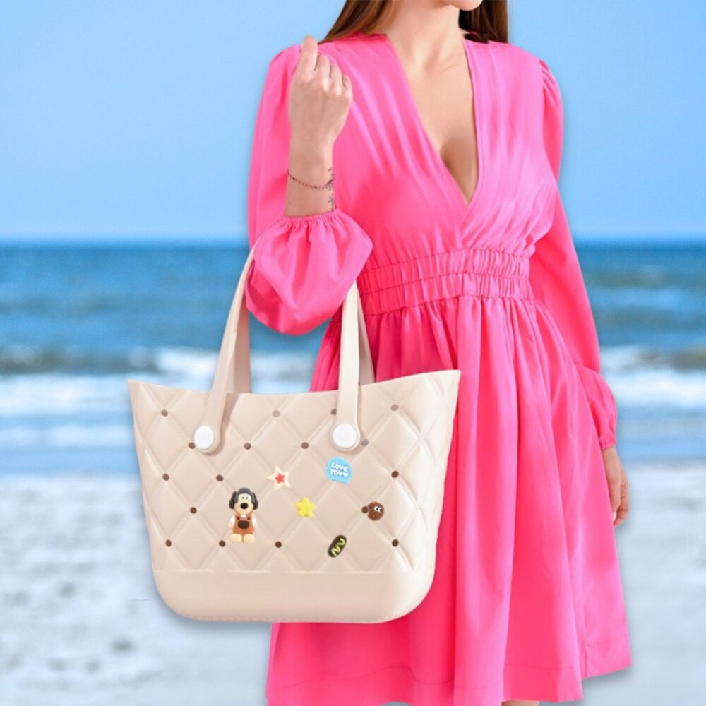 Beige EVA Tote Bag Beach Shopping WITH CHARMS (Random 10pc Charms) NWT
